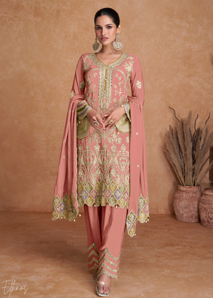 Peach Embroidered Chinon Palazzo Suit