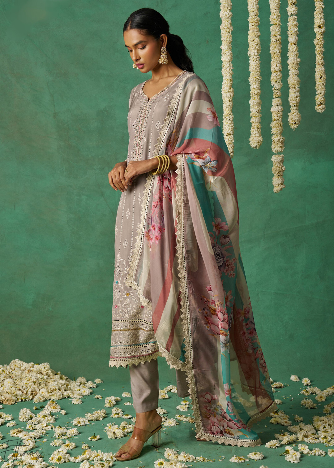 Peach Floral Organza Palazzo Suit