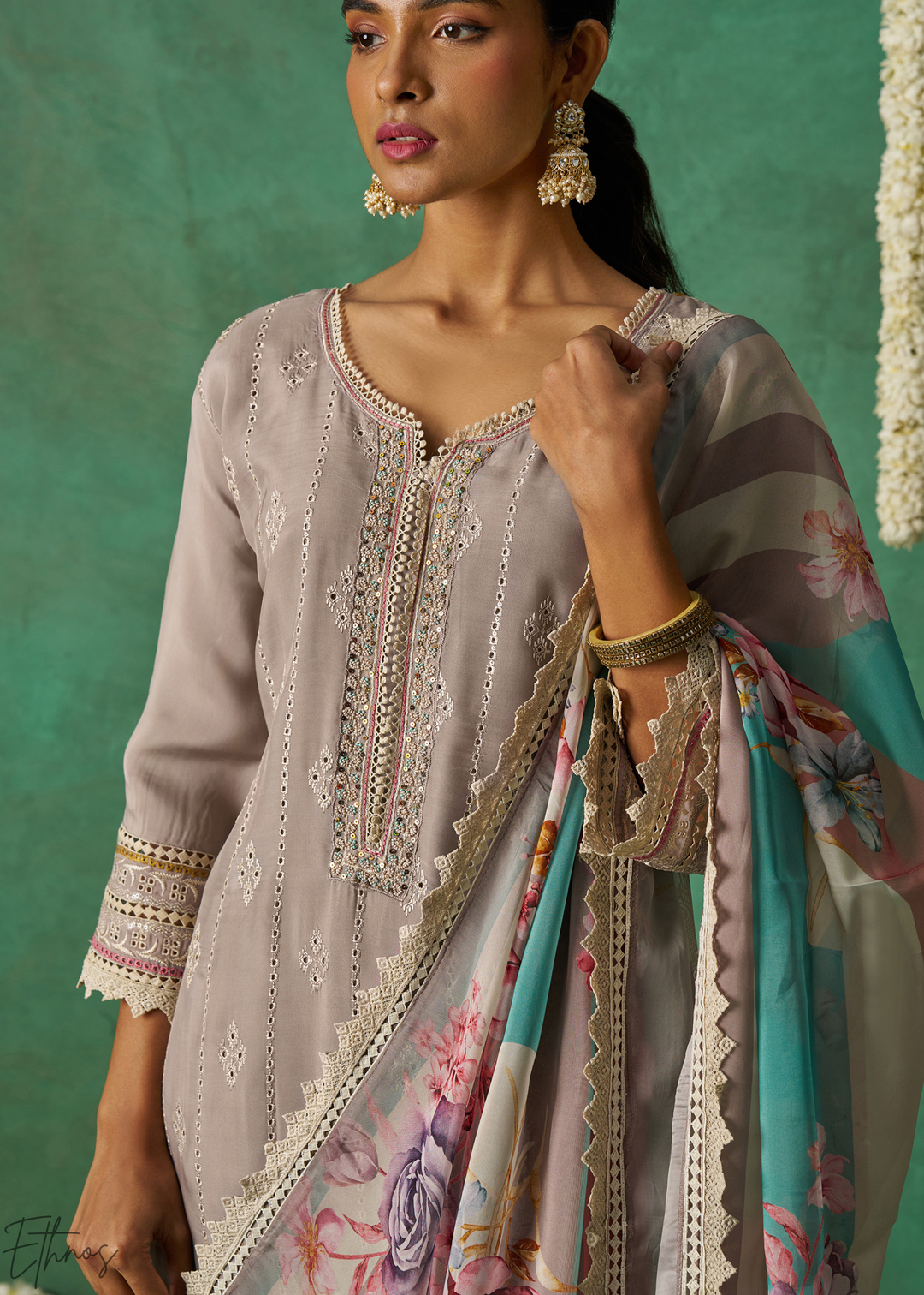 Peach Floral Organza Palazzo Suit