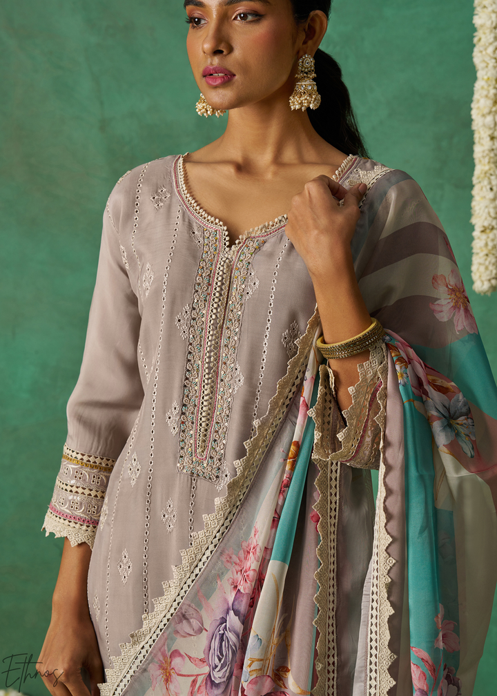 Peach Floral Organza Palazzo Suit