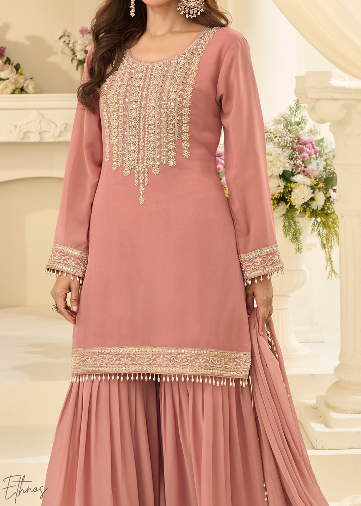 Blush Pink Zari Detailed Georgette Sharara Suit