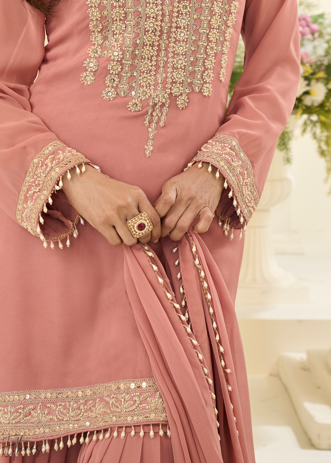 Blush Pink Zari Detailed Georgette Sharara Suit
