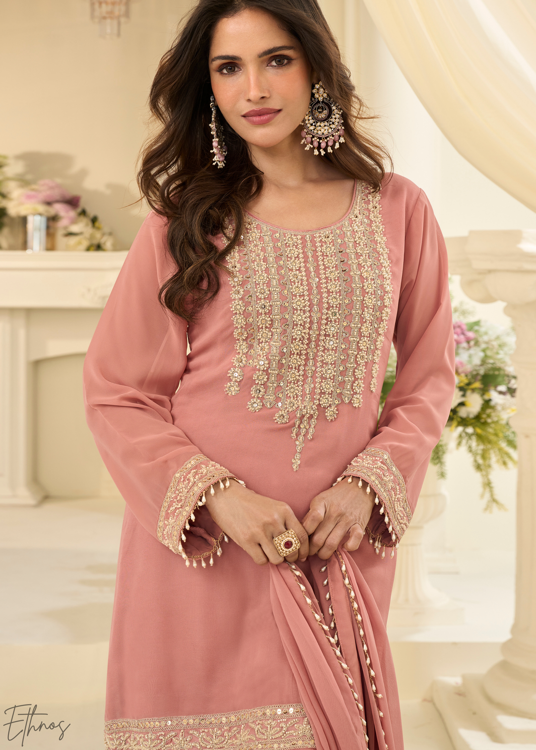 Blush Pink Zari Detailed Georgette Sharara Suit