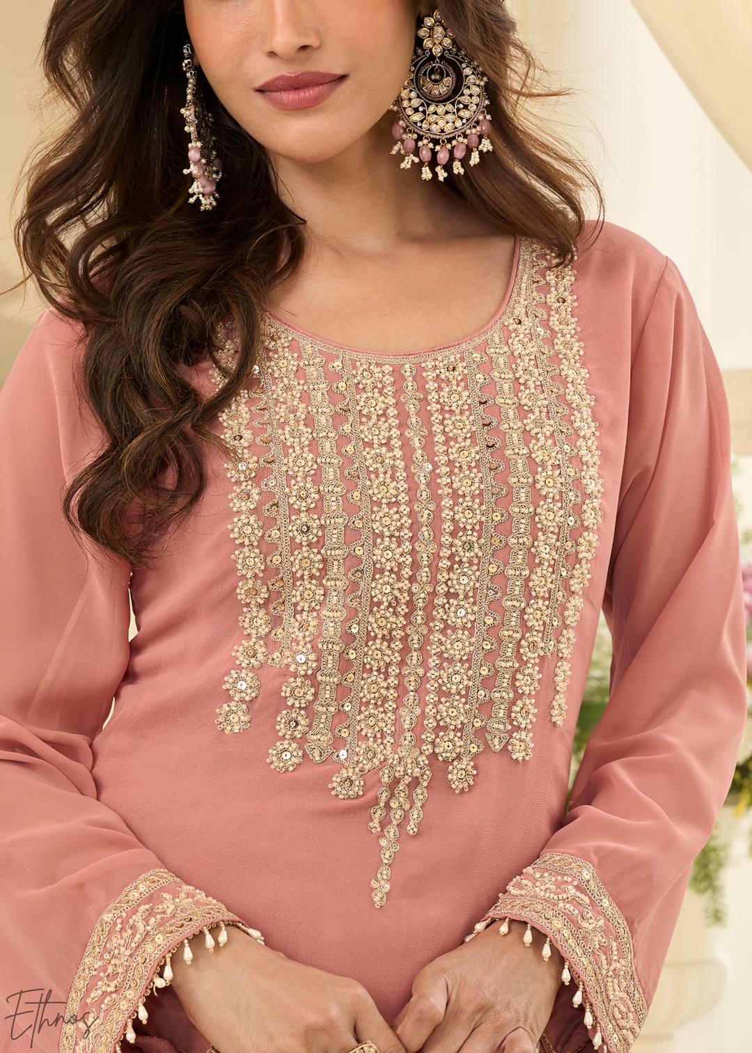 Blush Pink Zari Detailed Georgette Sharara Suit