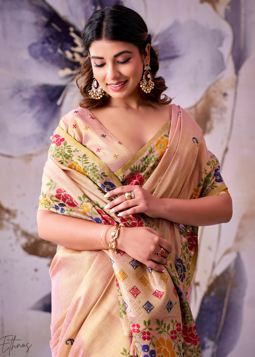 Peach Pink Floral-Patola Pallu Tissue Silk Saree