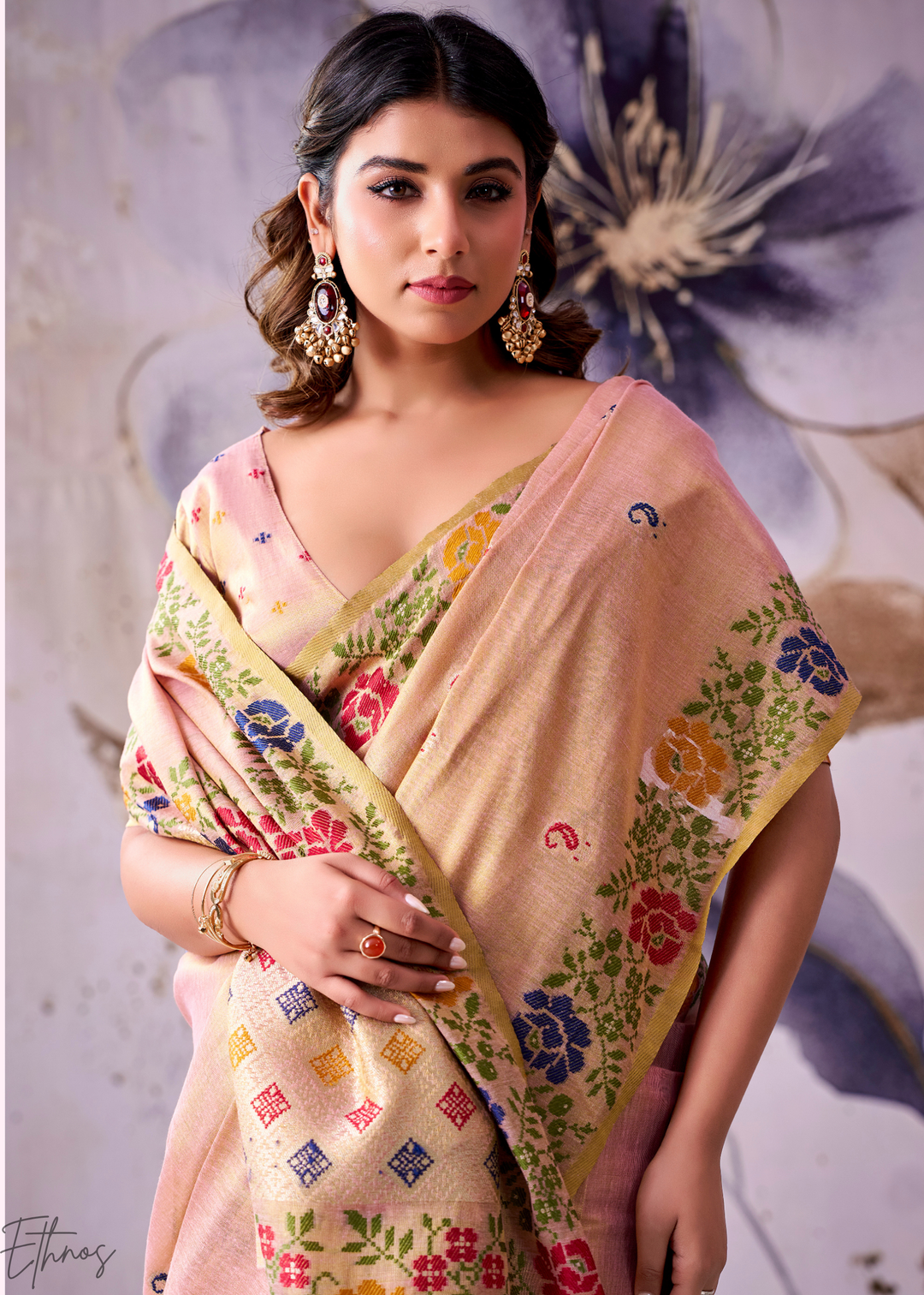 Peach Pink Floral-Patola Pallu Tissue Silk Saree