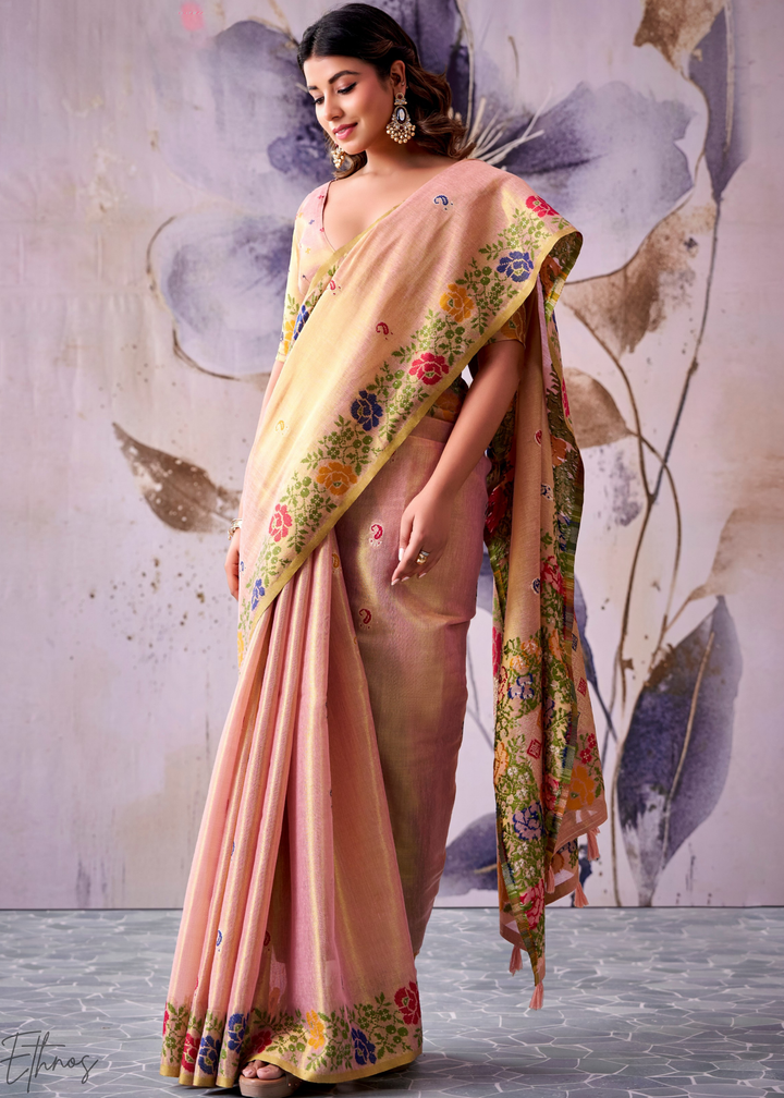 Peach Pink Floral-Patola Pallu Tissue Silk Saree
