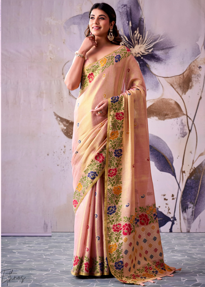Peach Pink Floral-Patola Pallu Tissue Silk Saree