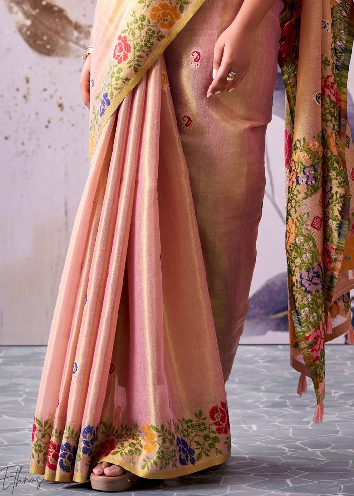 Peach Pink Floral-Patola Pallu Tissue Silk Saree