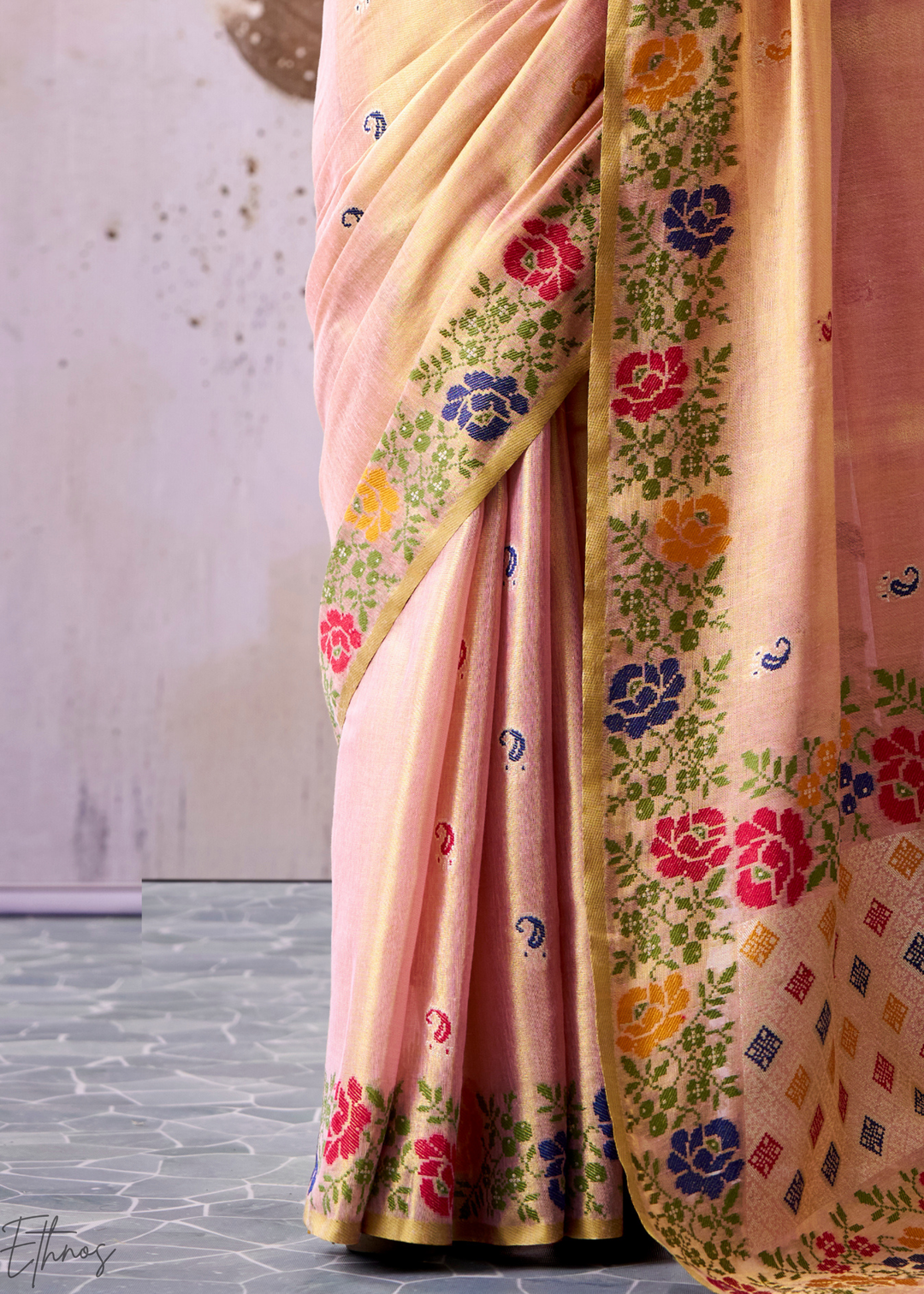 Peach Pink Floral-Patola Pallu Tissue Silk Saree