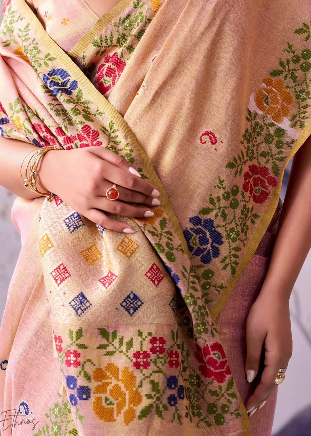 Peach Pink Floral-Patola Pallu Tissue Silk Saree
