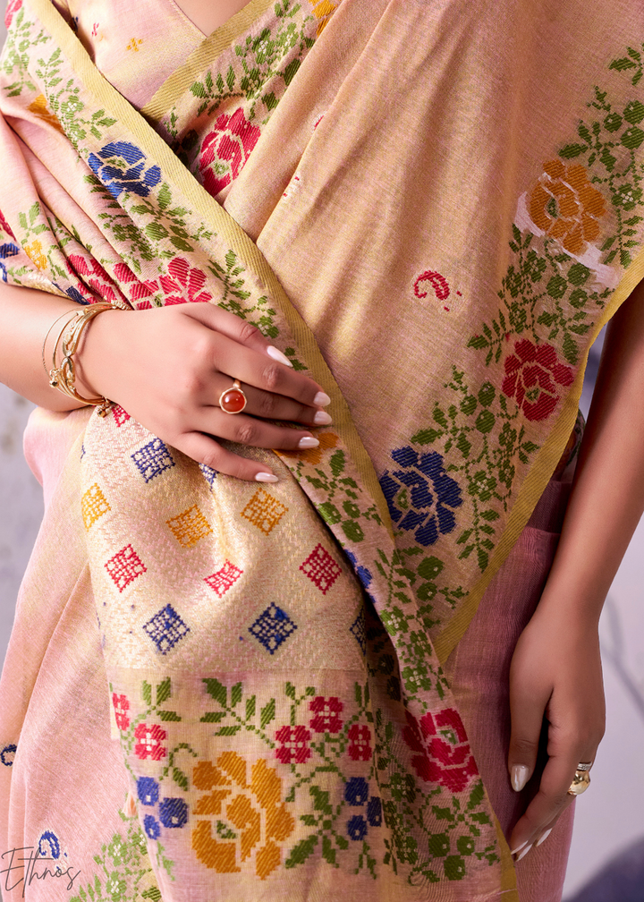 Peach Pink Floral-Patola Pallu Tissue Silk Saree