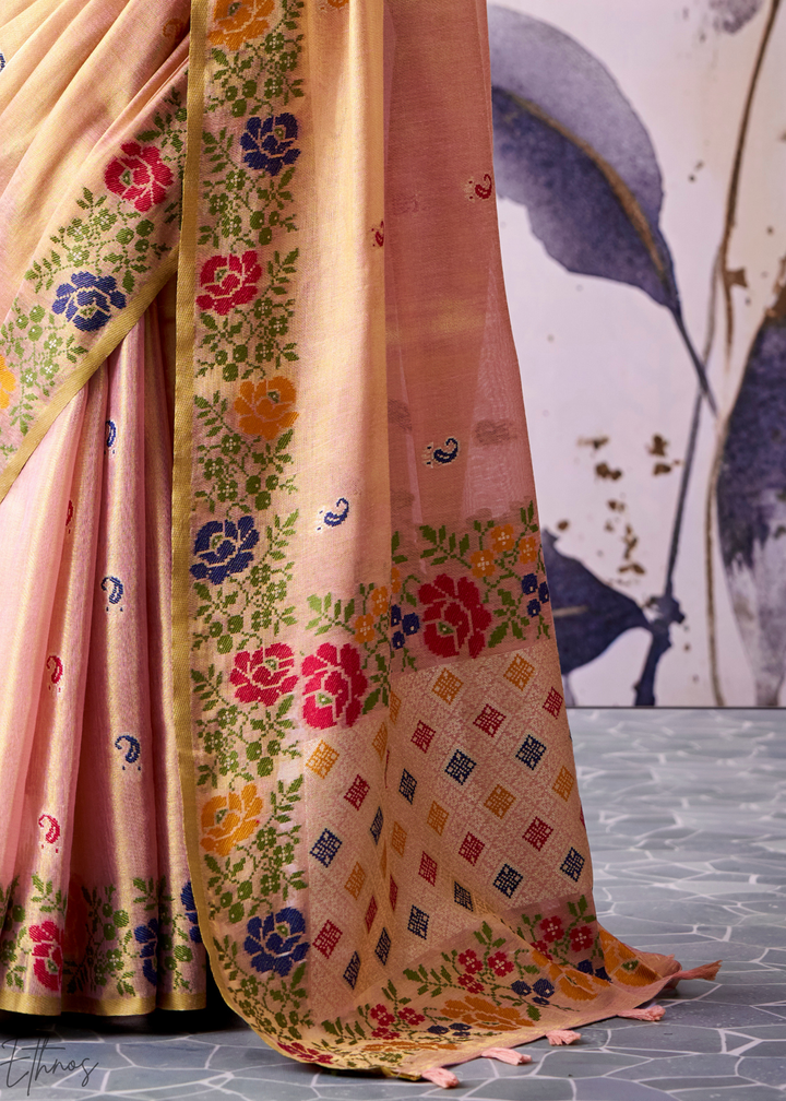 Peach Pink Floral-Patola Pallu Tissue Silk Saree