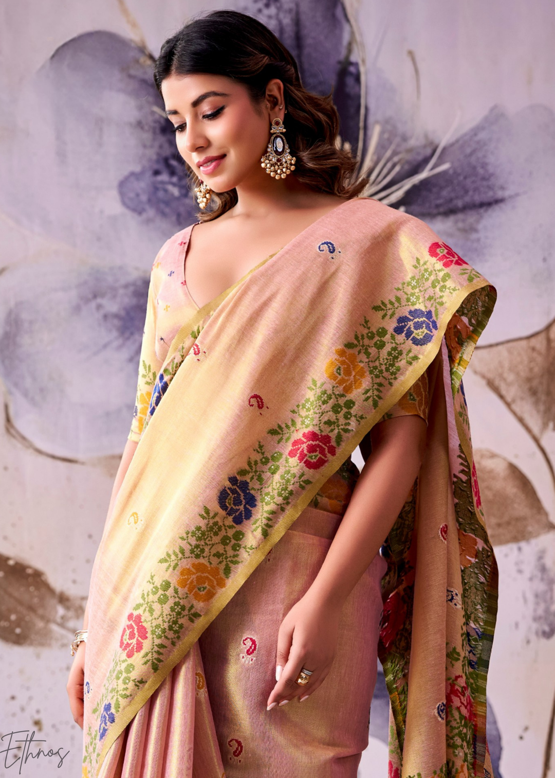 Peach Pink Floral-Patola Pallu Tissue Silk Saree