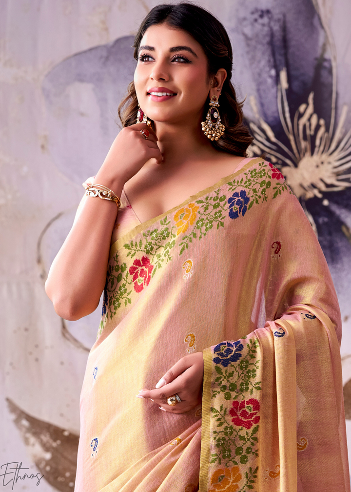 Peach Pink Floral-Patola Pallu Tissue Silk Saree