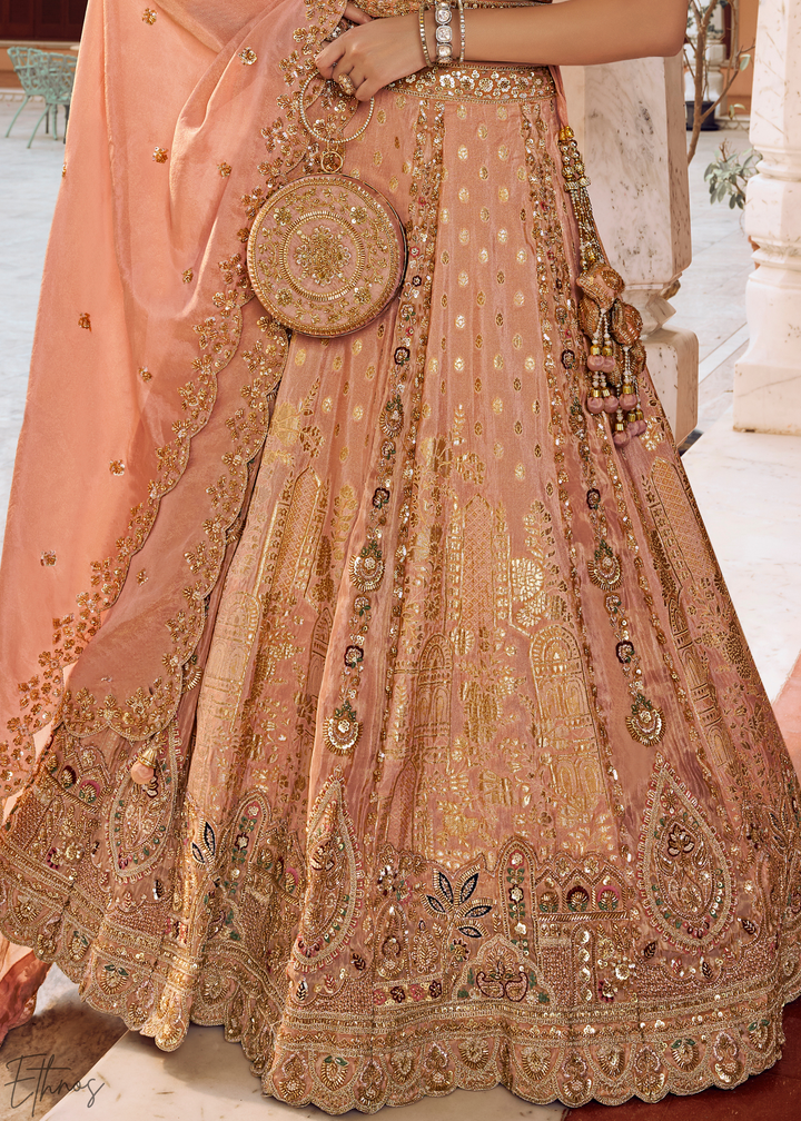 Peach Pink Paisley Weave Banarasi Silk Lehenga Choli