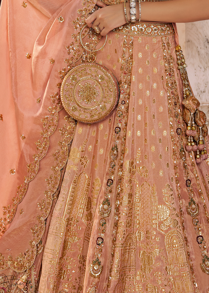 Peach Pink Paisley Weave Banarasi Silk Lehenga Choli