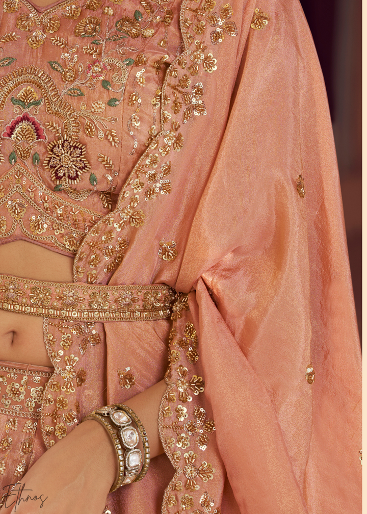 Peach Pink Paisley Weave Banarasi Silk Lehenga Choli