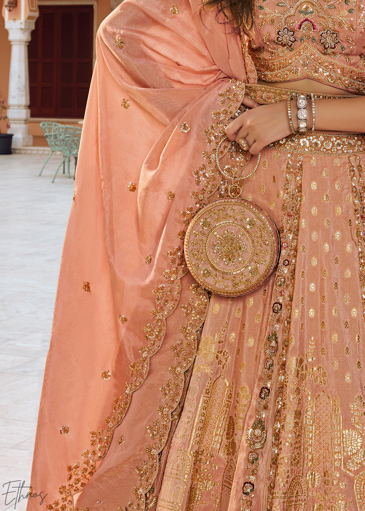 Peach Pink Paisley Weave Banarasi Silk Lehenga Choli