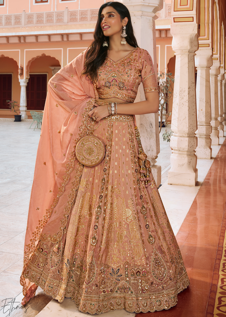 Peach Pink Paisley Weave Banarasi Silk Lehenga Choli