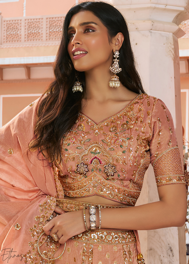 Peach Pink Paisley Weave Banarasi Silk Lehenga Choli