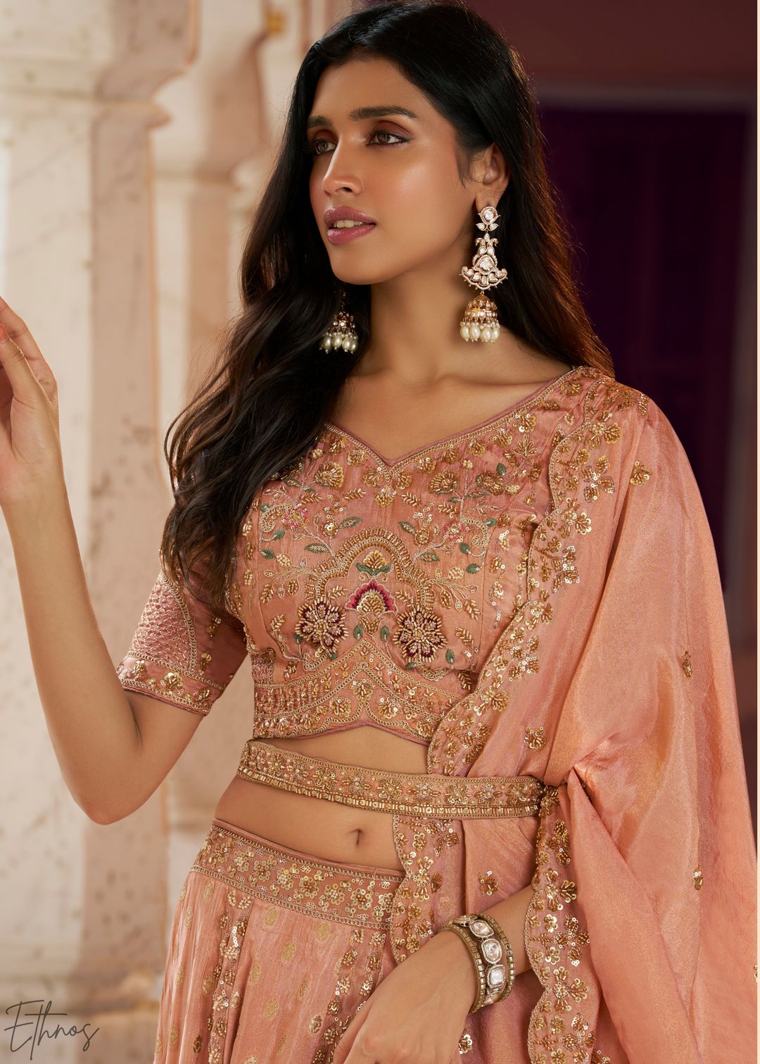 Peach Pink Paisley Weave Banarasi Silk Lehenga Choli