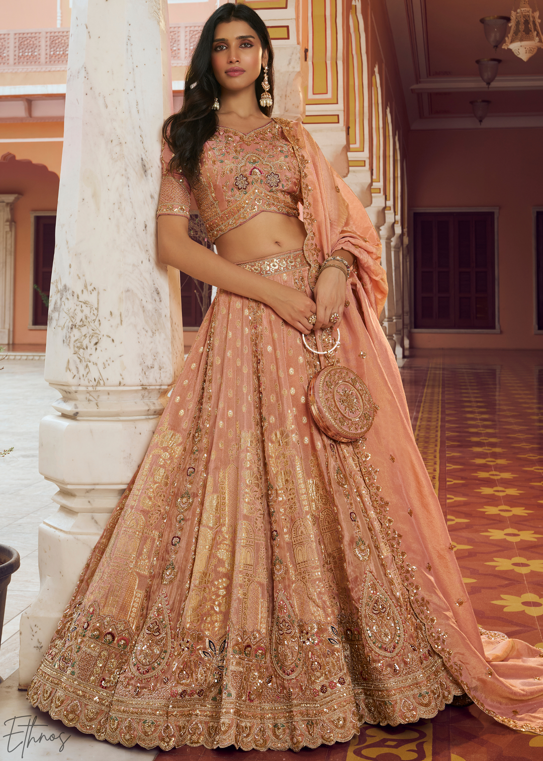 Peach Pink Paisley Weave Banarasi Silk Lehenga Choli