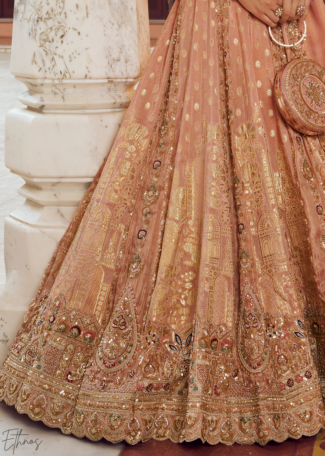 Peach Pink Paisley Weave Banarasi Silk Lehenga Choli
