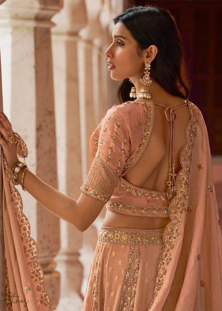 Peach Pink Paisley Weave Banarasi Silk Lehenga Choli
