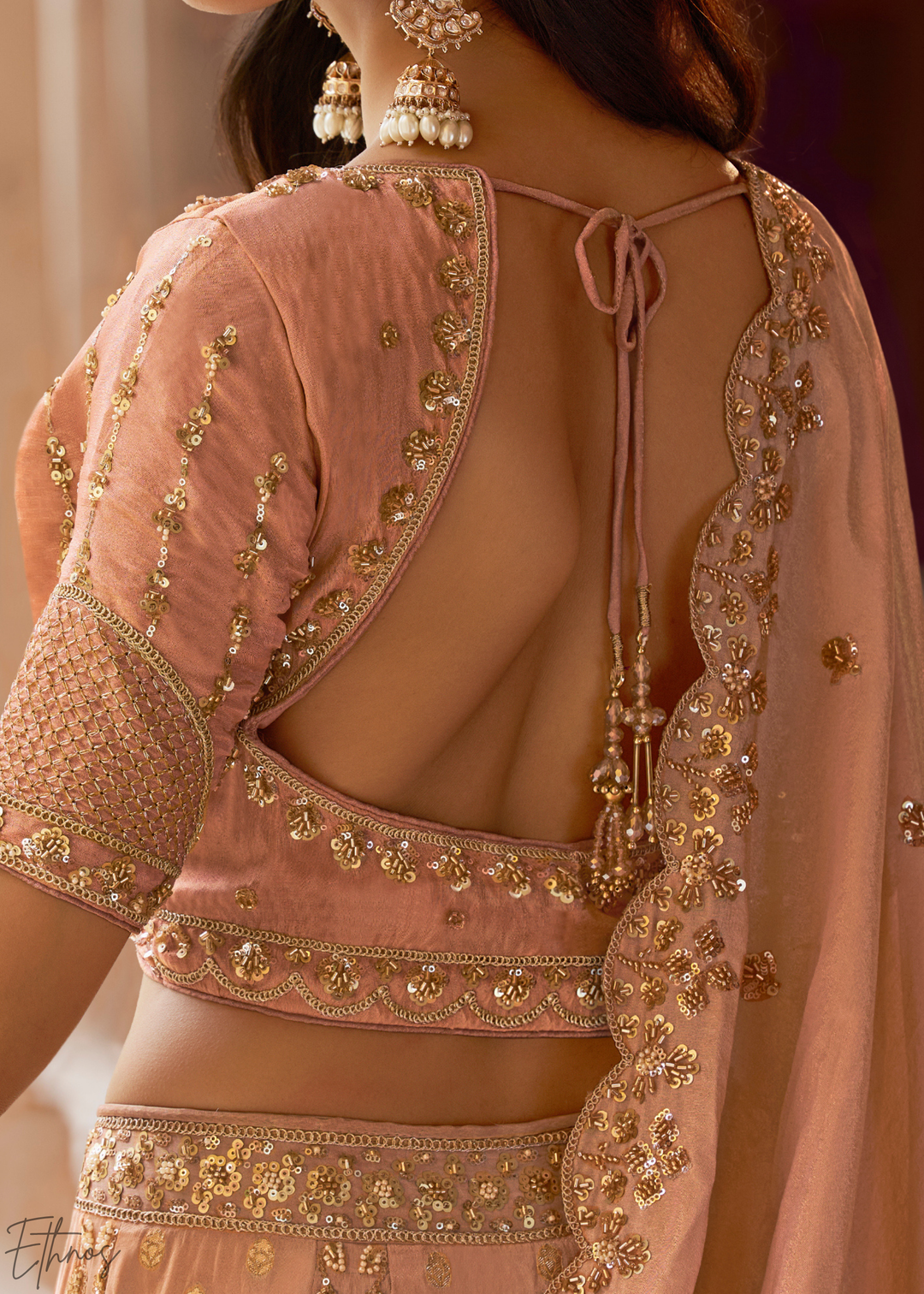Peach Pink Paisley Weave Banarasi Silk Lehenga Choli