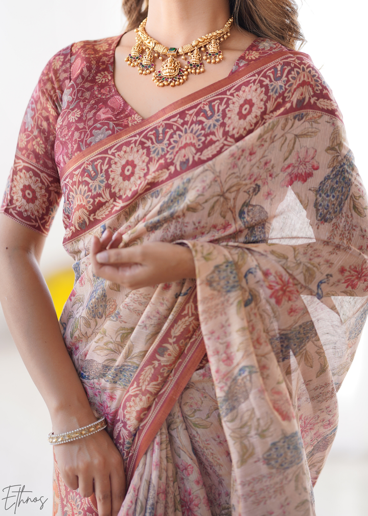 Peach Pink Royal Heritage linen saree