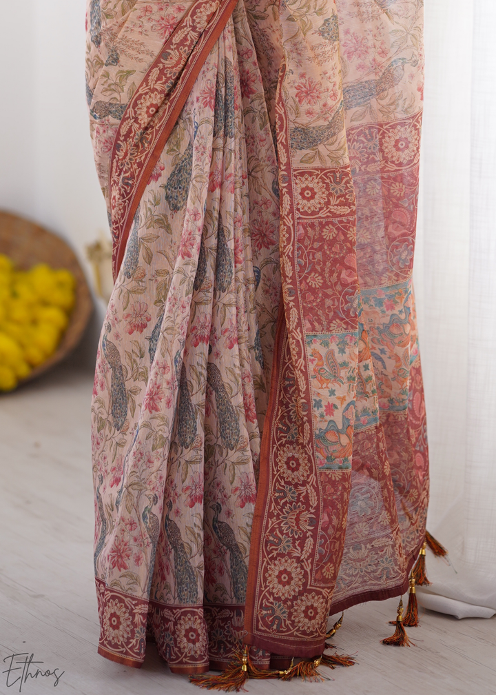 Peach Pink Royal Heritage linen saree