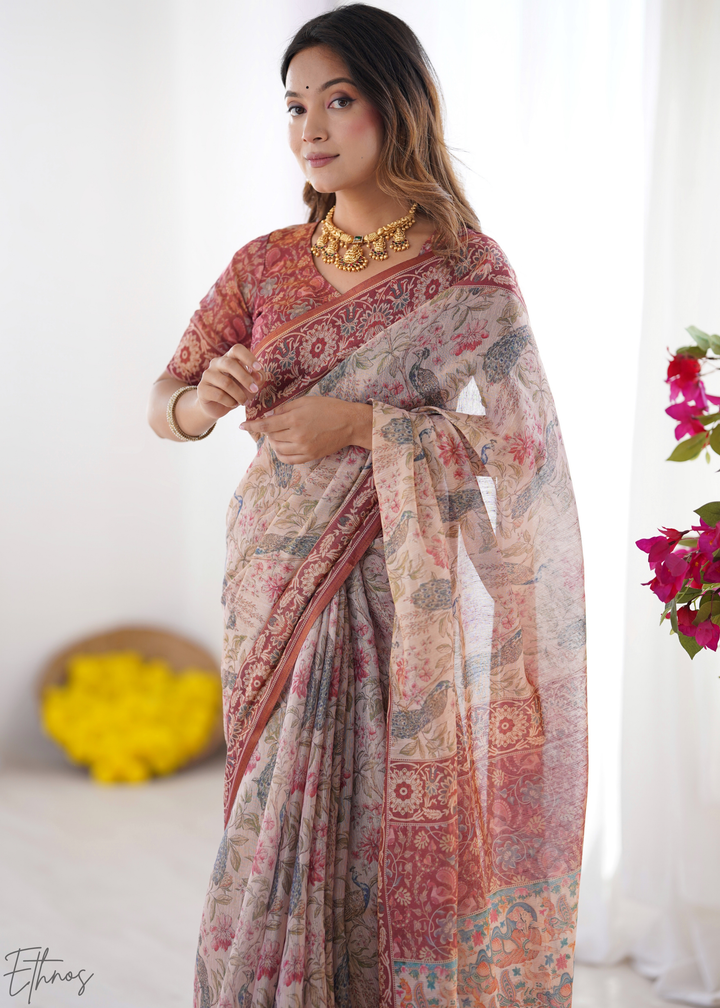 Peach Pink Royal Heritage linen saree