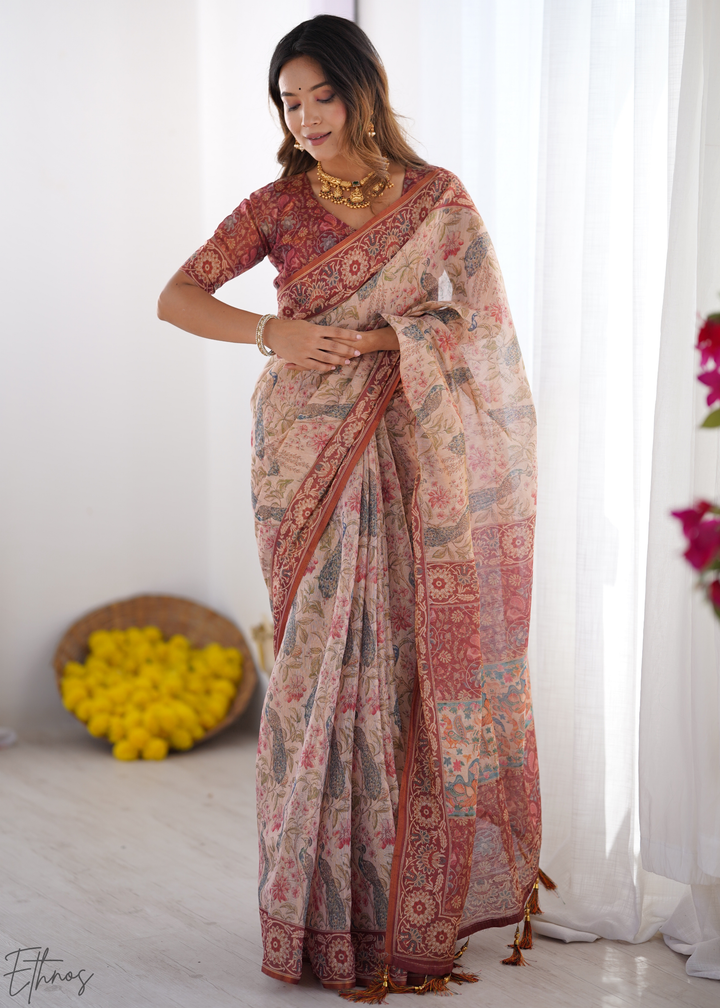 Peach Pink Royal Heritage linen saree