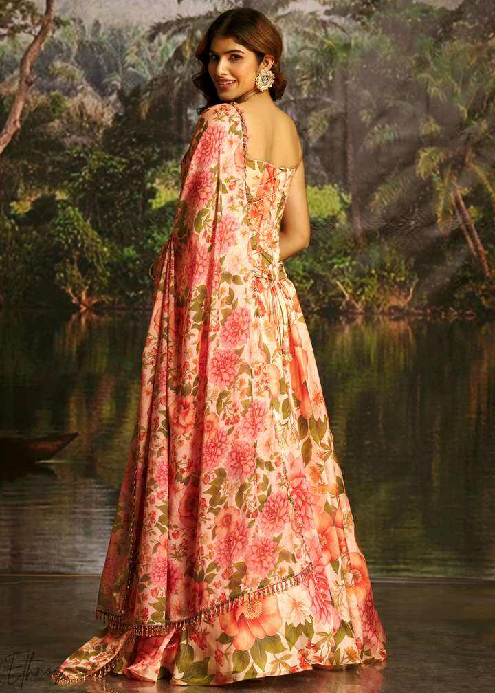 Peach Pink Vintage Floral Printed Georgette Lehenga