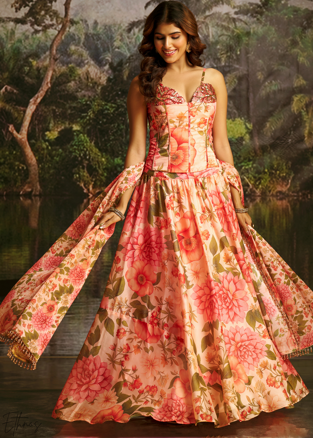 Peach Pink Vintage Floral Printed Georgette Lehenga