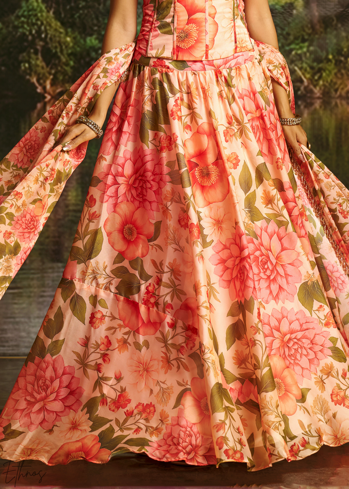 Peach Pink Vintage Floral Printed Georgette Lehenga