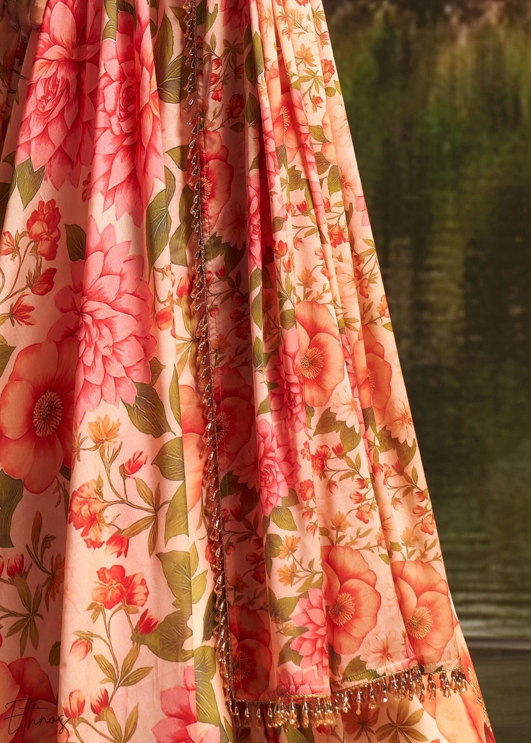 Peach Pink Vintage Floral Printed Georgette Lehenga