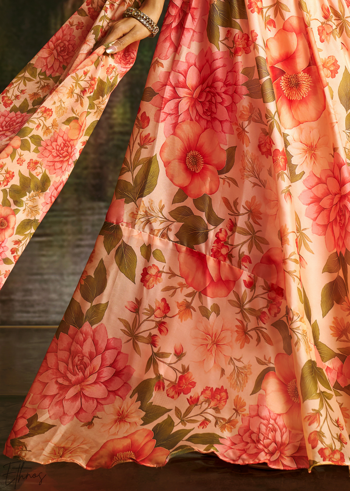 Peach Pink Vintage Floral Printed Georgette Lehenga
