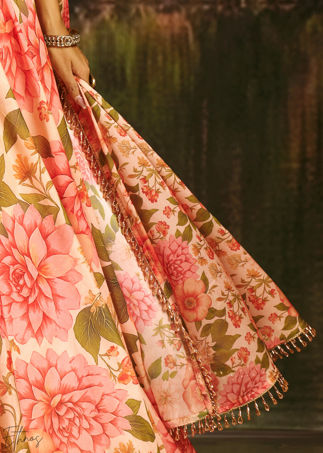 Peach Pink Vintage Floral Printed Georgette Lehenga