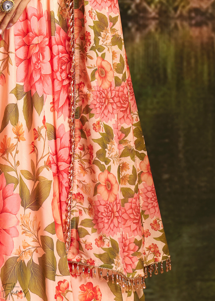 Peach Pink Vintage Floral Printed Georgette Lehenga