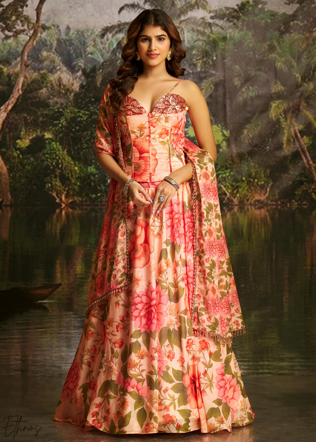 Peach Pink Vintage Floral Printed Georgette Lehenga