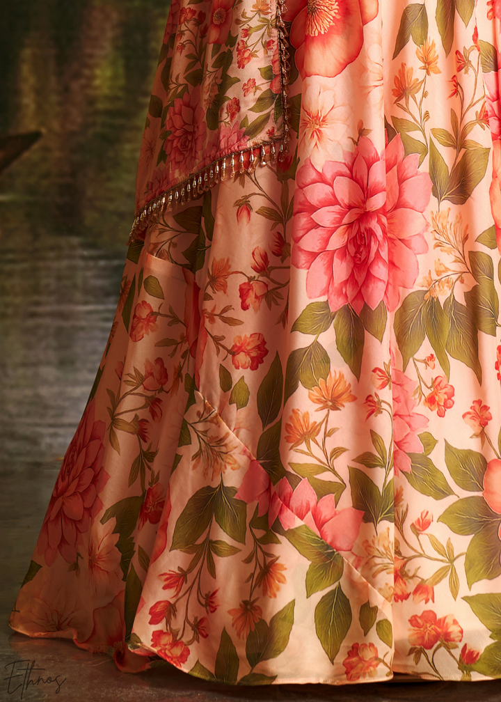 Peach Pink Vintage Floral Printed Georgette Lehenga