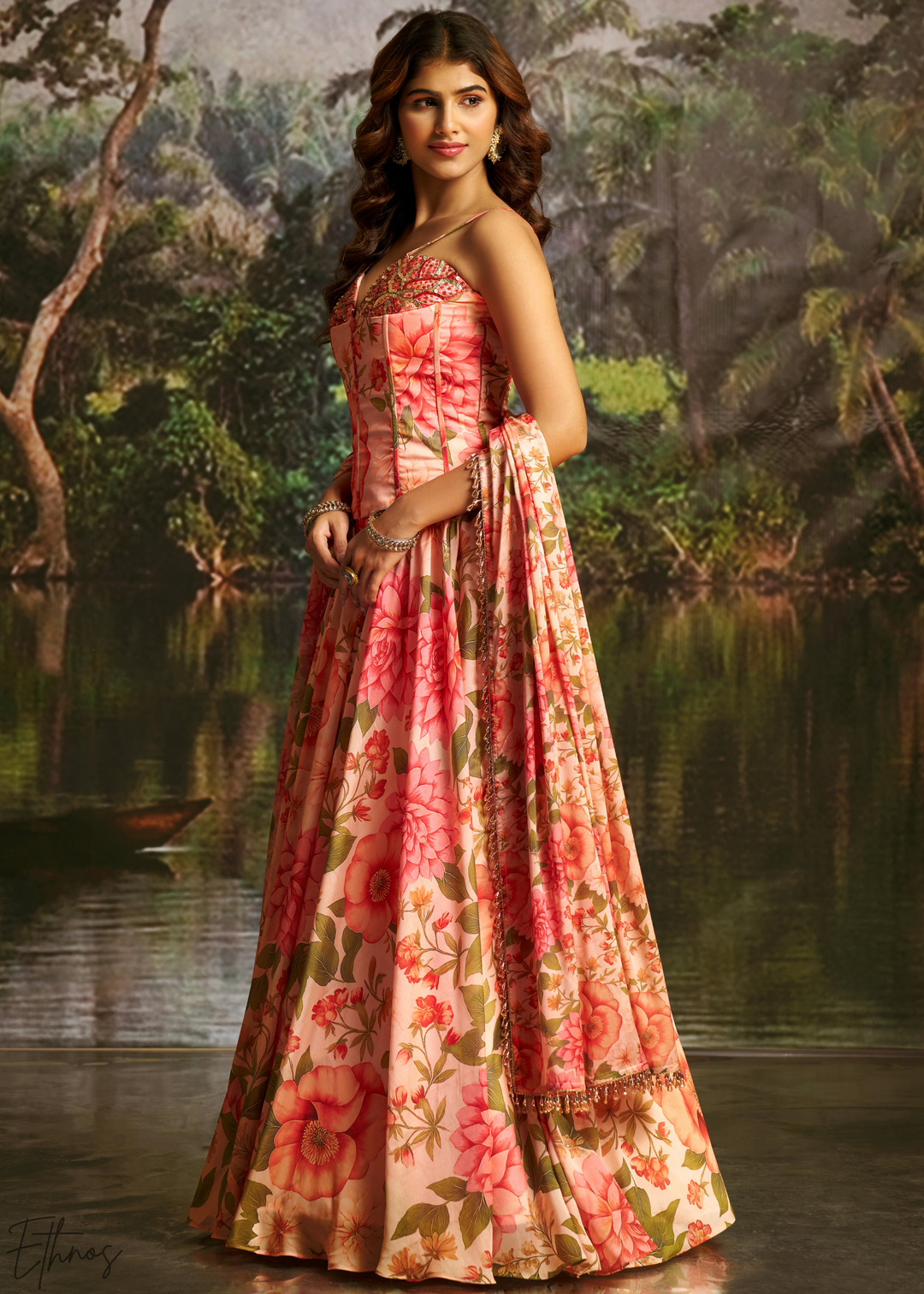 Peach Pink Vintage Floral Printed Georgette Lehenga