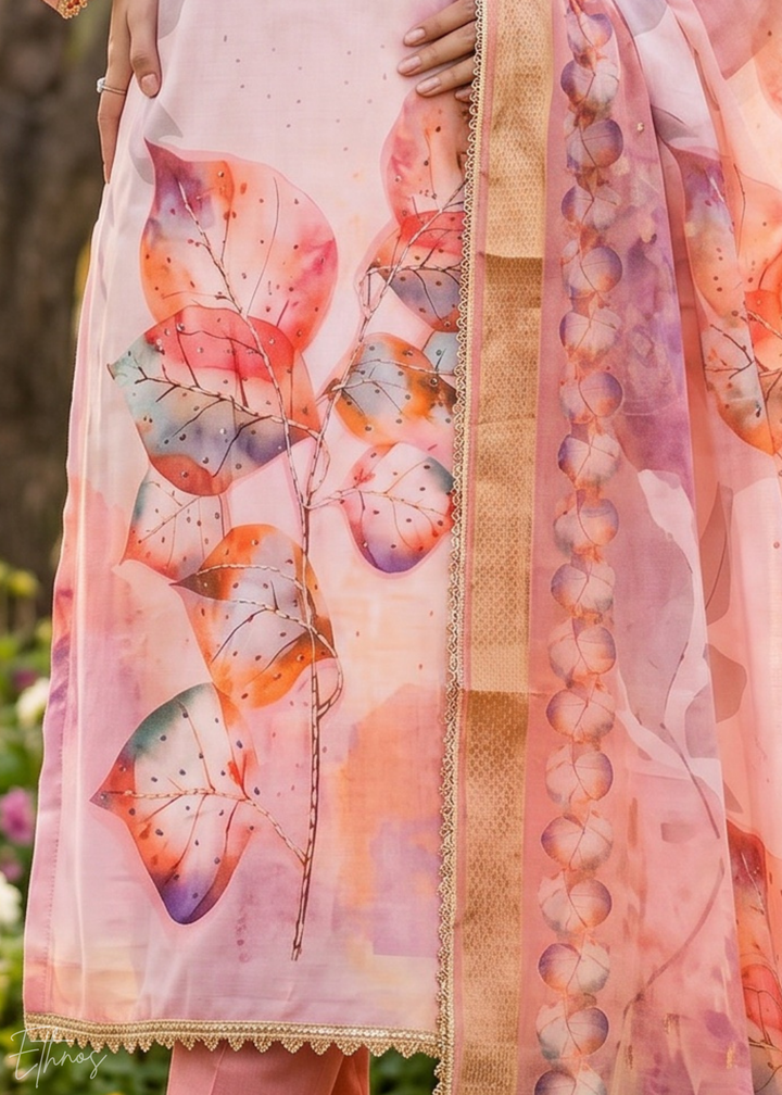 Pink Watercolor-Blossom Rayon Cotton Palazzo Suit