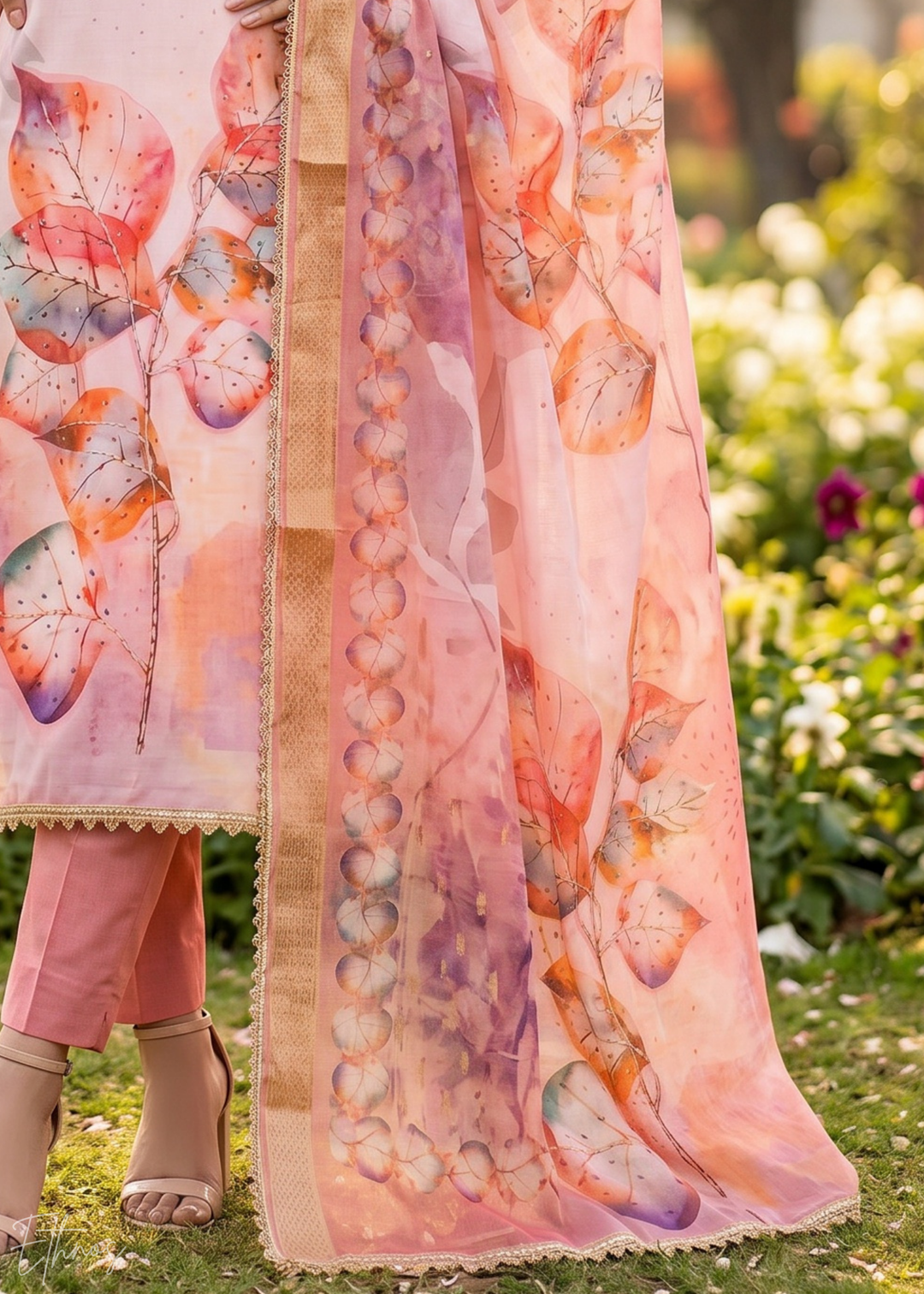 Pink Watercolor-Blossom Rayon Cotton Palazzo Suit