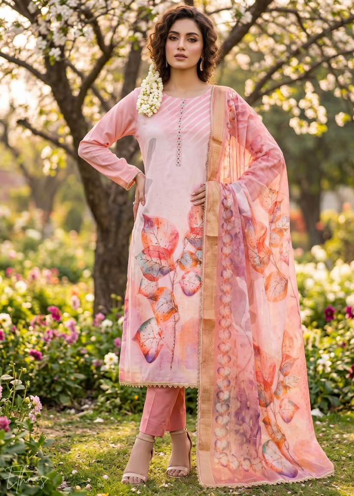 Pink Watercolor-Blossom Rayon Cotton Palazzo Suit