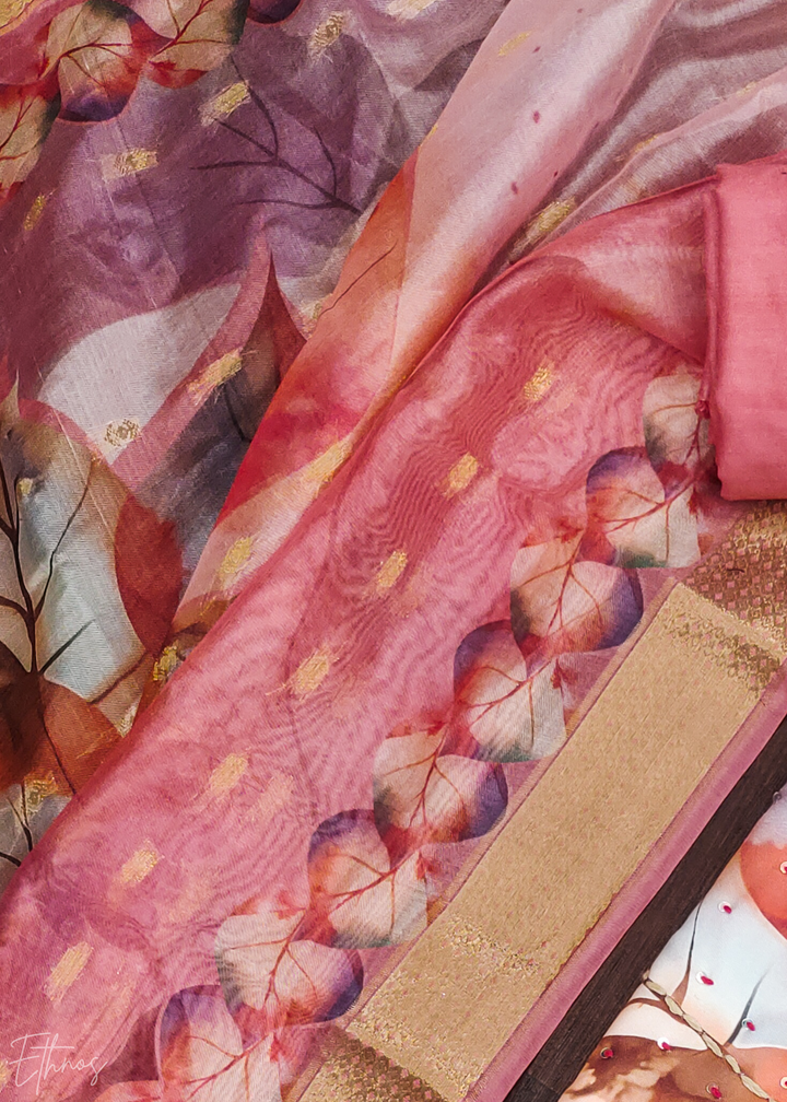 Pink Watercolor-Blossom Rayon Cotton Palazzo Suit