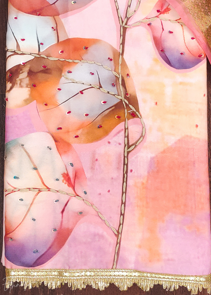 Pink Watercolor-Blossom Rayon Cotton Palazzo Suit
