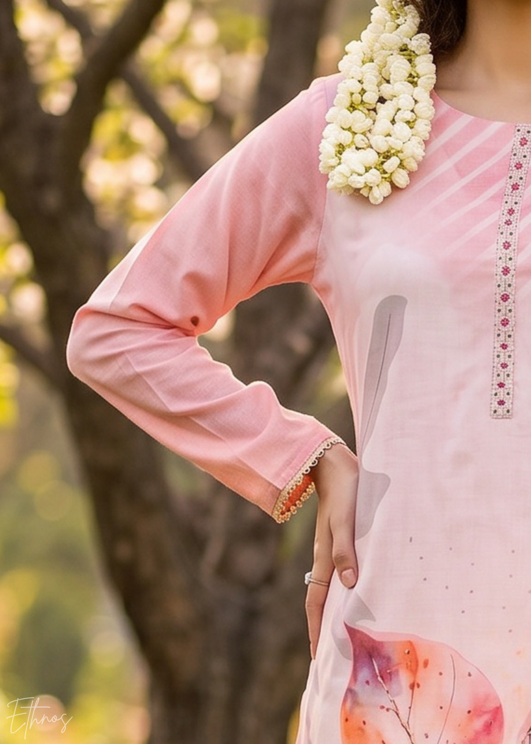 Pink Watercolor-Blossom Rayon Cotton Palazzo Suit